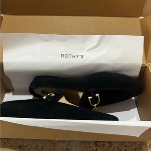 Rothy's Black Velvet Loafers with Gold Buckle Accent